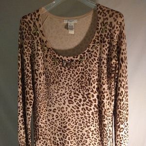 VERTIGO PARIS TAN EMBELLISHED ANIMAL-PRINT LONG SLEEVE SCOOPNECK SWEATER